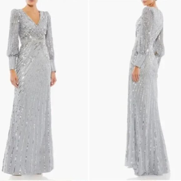 MAC DUGGAL 5501 SEQUINED WRAP OVER BISHOP SLEEVE SLIVER GOWN sz 14